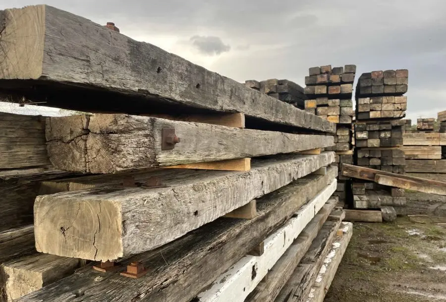Stacked recycled hardwood timber